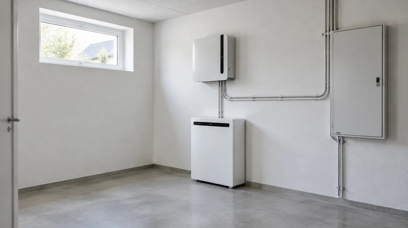Illustreret teknikrum med generisk batteri og inverter, ikke modelspecifikt Growatt-udstyr.